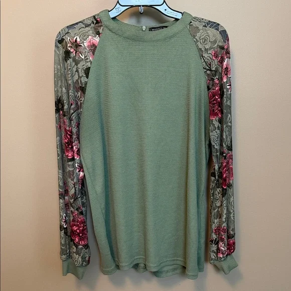 MIHOLL Size Medium Sage Green Long-Sleeve Thermal Top with Pink Floral Sleeves - Picture 4 of 9